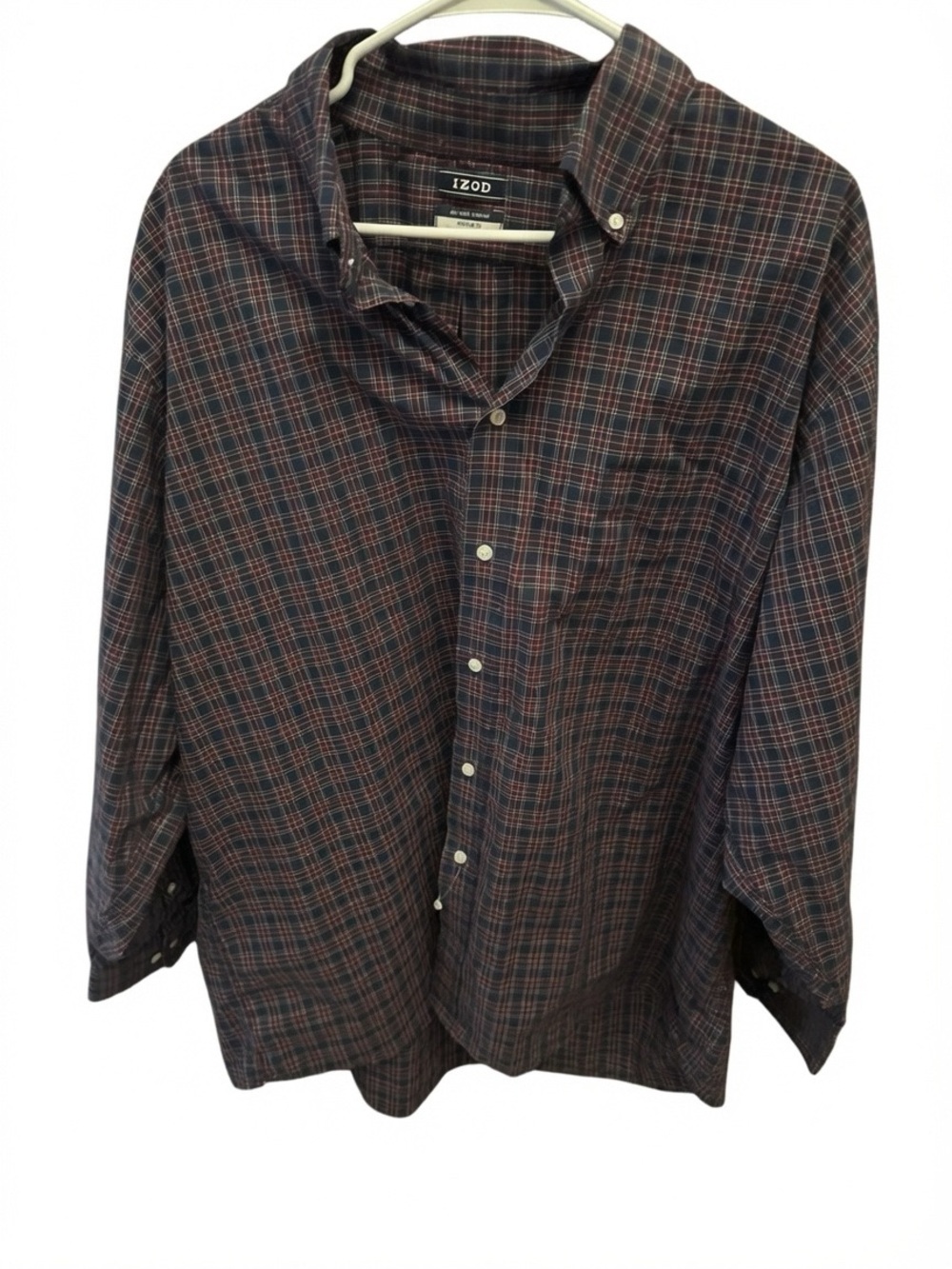 Izod Men's Navy and Red Plaid Button-Down Shirt — Classic Casual